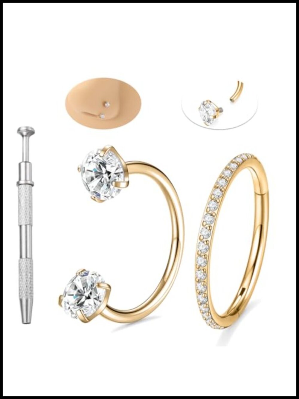 G23 Titanium Horseshoe Nose Ring Hoop 20G 7-9mm Piercing Jewelry Set with Gem